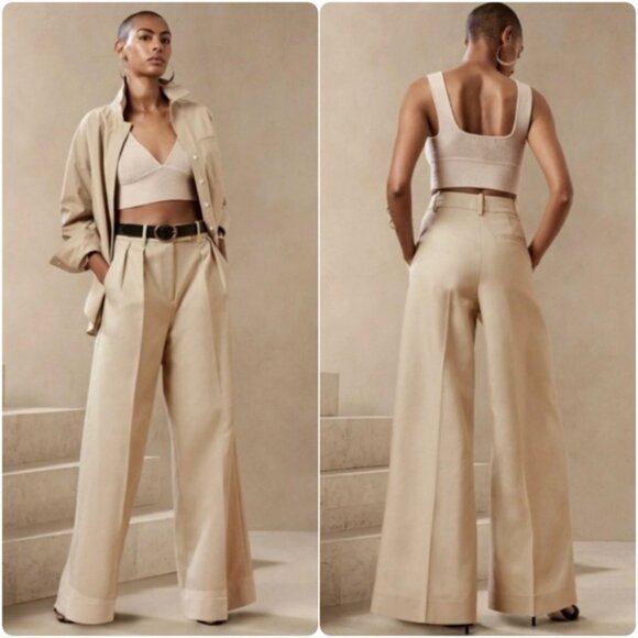 New Banana Republic Cruise Wide-Leg Pant 12 Maverick Tan High Waisted Trousers - Picture 2 of 10